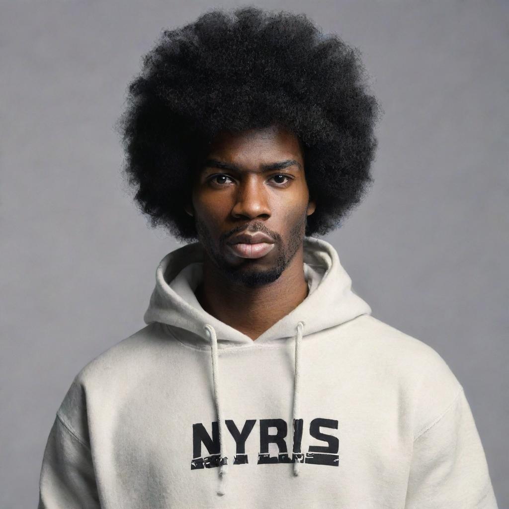 Create image of a man with a black afro, wearing a hoodie that has 'Nyrus' written on it.