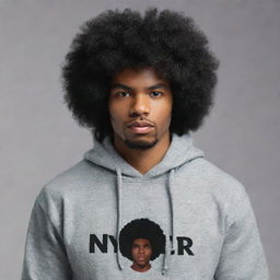 Create image of a man with a black afro, wearing a hoodie that has 'Nyrus' written on it.