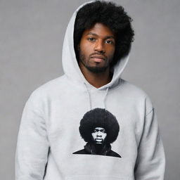 Create image of a man with a black afro, wearing a hoodie that has 'Nyrus' written on it.