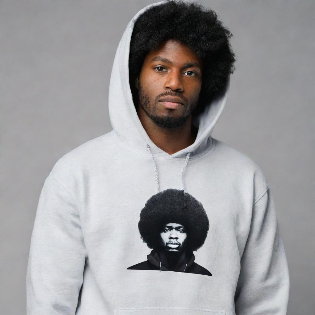 Create image of a man with a black afro, wearing a hoodie that has 'Nyrus' written on it.