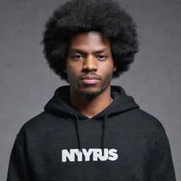 Create image of a man with a black afro, wearing a hoodie that has 'Nyrus' written on it.