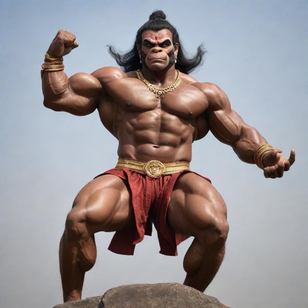 A muscular, bodybuilder version of the deity Hanuman, showcasing his strength and vigor. He is in a dynamic pose, illustrating his power and divine energy.