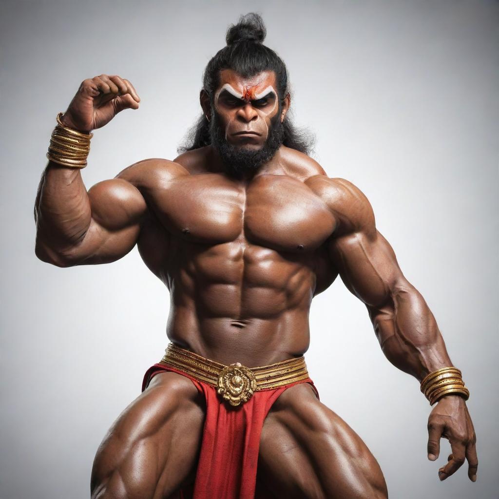 A muscular, bodybuilder version of the deity Hanuman, showcasing his strength and vigor. He is in a dynamic pose, illustrating his power and divine energy.