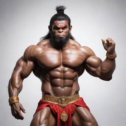 A muscular, bodybuilder version of the deity Hanuman, showcasing his strength and vigor. He is in a dynamic pose, illustrating his power and divine energy.