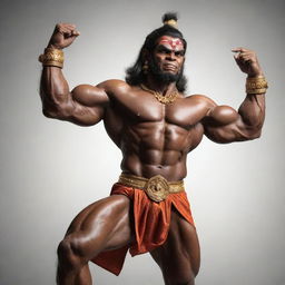 A muscular, bodybuilder version of the deity Hanuman, showcasing his strength and vigor. He is in a dynamic pose, illustrating his power and divine energy.