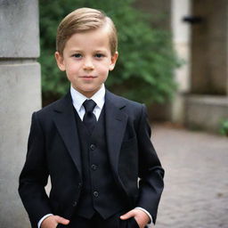 A young boy wearing a finely tailored black suit in old money fashion style