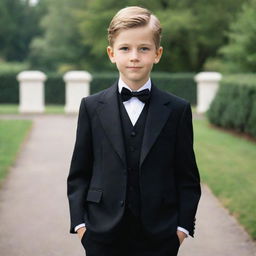 A young boy wearing a finely tailored black suit in old money fashion style