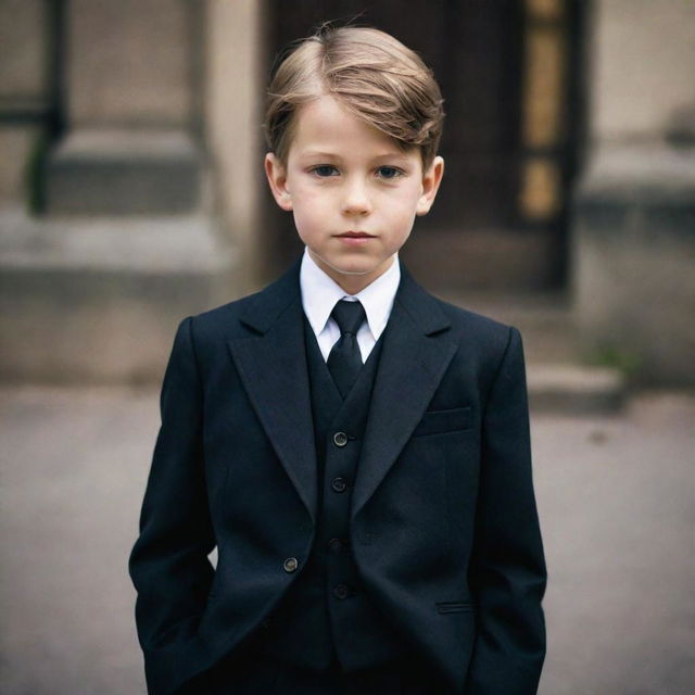 A young boy wearing a finely tailored black suit in old money fashion style