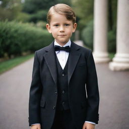 A young boy wearing a finely tailored black suit in old money fashion style