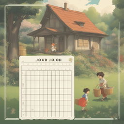 A high-quality Studio Ghibli style digital art image transformed into a chores calendar template