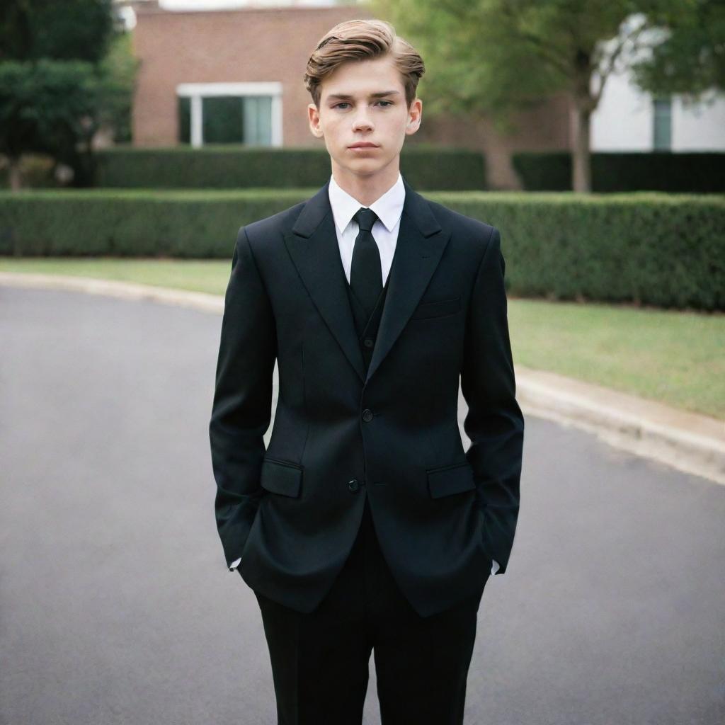 A 15-year old boy styled in a classic black suit capturing old money fashion