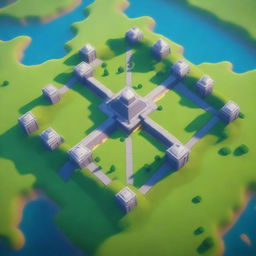 A high-quality 3D render of a symmetric 1v1 map, featuring two distinct spawn points, a variety of cover options, and a central point of contention