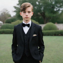 A 15-year old boy styled in a classic black suit capturing old money fashion