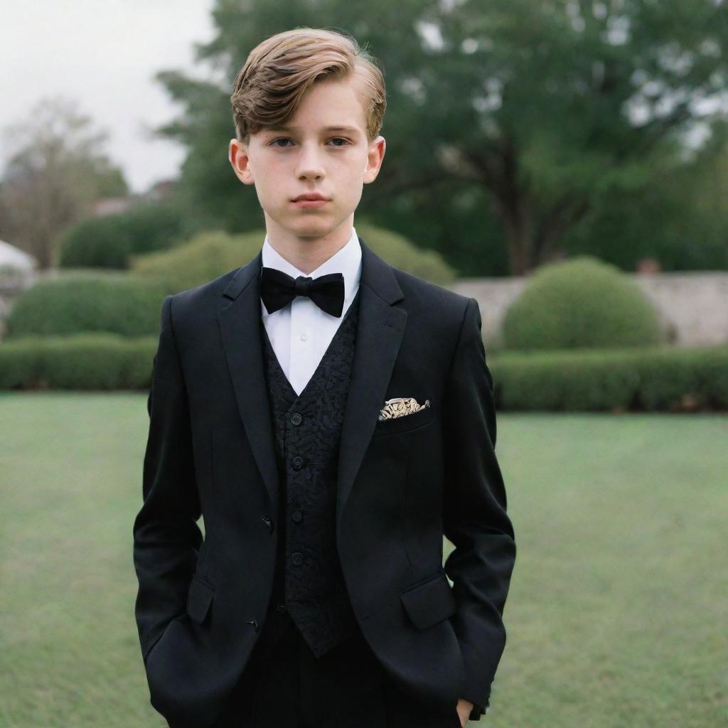 A 15-year old boy styled in a classic black suit capturing old money fashion