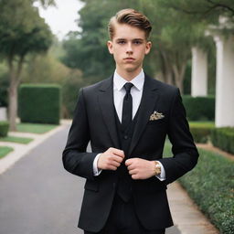 A 15-year old boy styled in a classic black suit capturing old money fashion