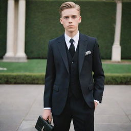 A 15-year old boy styled in a classic black suit capturing old money fashion