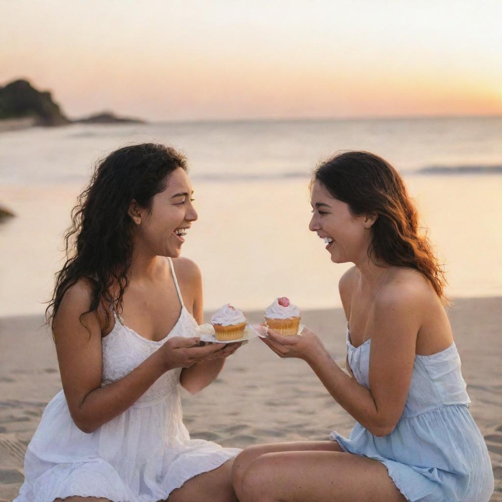 Two people joyfully indulging in cupcakes at a scenic beach during sunset