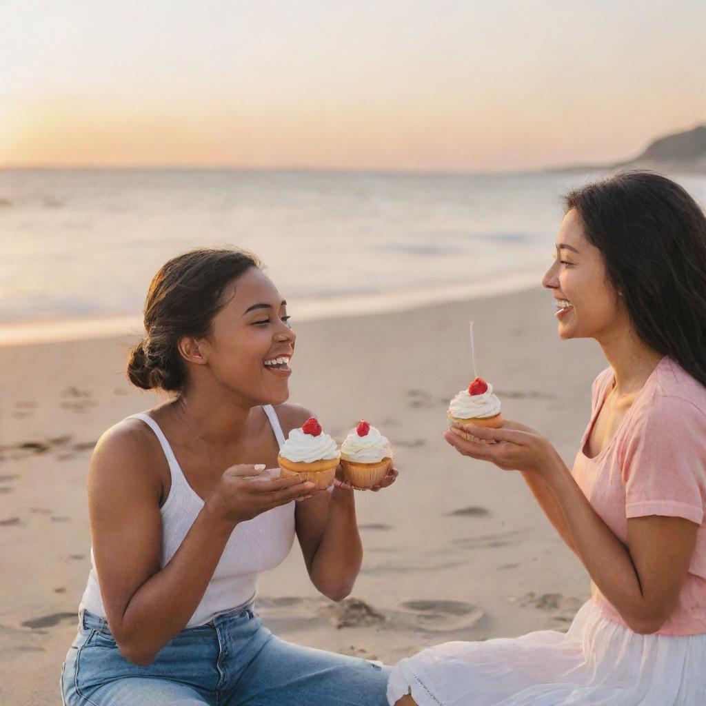 Two people joyfully indulging in cupcakes at a scenic beach during sunset