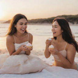 Two people joyfully indulging in cupcakes at a scenic beach during sunset