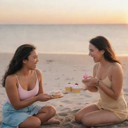 Two people joyfully indulging in cupcakes at a scenic beach during sunset