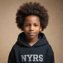 A portrait of a black boy sporting an afro hairstyle with a hoodie on, displaying the name 'Nyrus'. Natural lighting casts a warm glow on his proud expression.