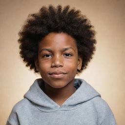 A portrait of a black boy sporting an afro hairstyle with a hoodie on, displaying the name 'Nyrus'. Natural lighting casts a warm glow on his proud expression.