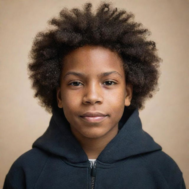 A portrait of a black boy sporting an afro hairstyle with a hoodie on, displaying the name 'Nyrus'. Natural lighting casts a warm glow on his proud expression.