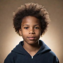 A portrait of a black boy sporting an afro hairstyle with a hoodie on, displaying the name 'Nyrus'. Natural lighting casts a warm glow on his proud expression.