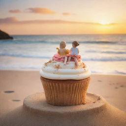 Two small figures blissfully seated atop a giant cupcake, with a serene beach landscape as the backdrop, capturing the warm hues of a setting sun.