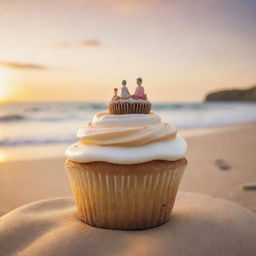 Two small figures blissfully seated atop a giant cupcake, with a serene beach landscape as the backdrop, capturing the warm hues of a setting sun.