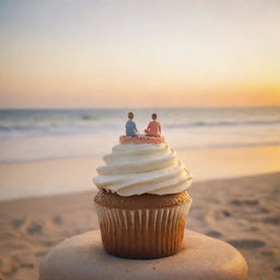 Two small figures blissfully seated atop a giant cupcake, with a serene beach landscape as the backdrop, capturing the warm hues of a setting sun.