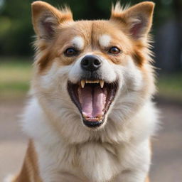 A dog displaying signs of anger, teeth bared, eyes intense and fur bristling, it stands ready, caution emanating from its posture.