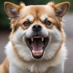 A dog displaying signs of anger, teeth bared, eyes intense and fur bristling, it stands ready, caution emanating from its posture.