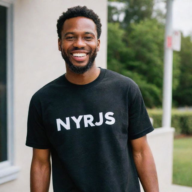 A black man confidently wearing a shirt printed with the name 'Nyrus'. He wears a friendly smile on his face, radiating positivity.