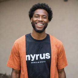 A black man confidently wearing a shirt printed with the name 'Nyrus'. He wears a friendly smile on his face, radiating positivity.