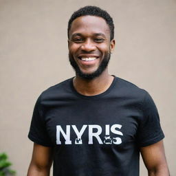 A black man confidently wearing a shirt printed with the name 'Nyrus'. He wears a friendly smile on his face, radiating positivity.