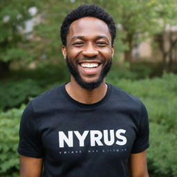 A black man confidently wearing a shirt printed with the name 'Nyrus'. He wears a friendly smile on his face, radiating positivity.