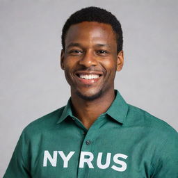 A black man with a confident smile, sporting a casual shirt that proudly displays the name 'Nyrus'