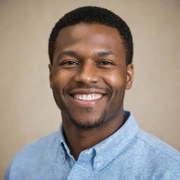 A black man with a confident smile, sporting a casual shirt that proudly displays the name 'Nyrus'