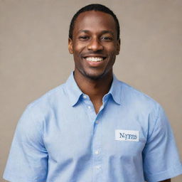 A black man with a confident smile, sporting a casual shirt that proudly displays the name 'Nyrus'