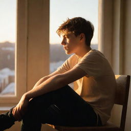 A thoughtful teenage boy perched on a chair next to a sunlit window, engrossed in the glowing sunset outside.