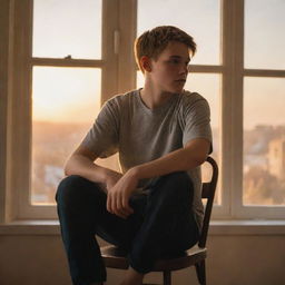 A thoughtful teenage boy perched on a chair next to a sunlit window, engrossed in the glowing sunset outside.