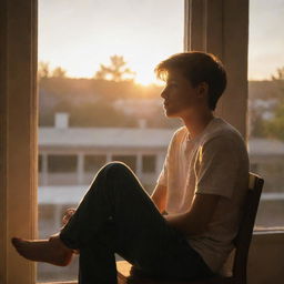 A thoughtful teenage boy perched on a chair next to a sunlit window, engrossed in the glowing sunset outside.