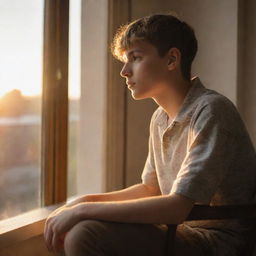 A thoughtful teenage boy perched on a chair next to a sunlit window, engrossed in the glowing sunset outside.