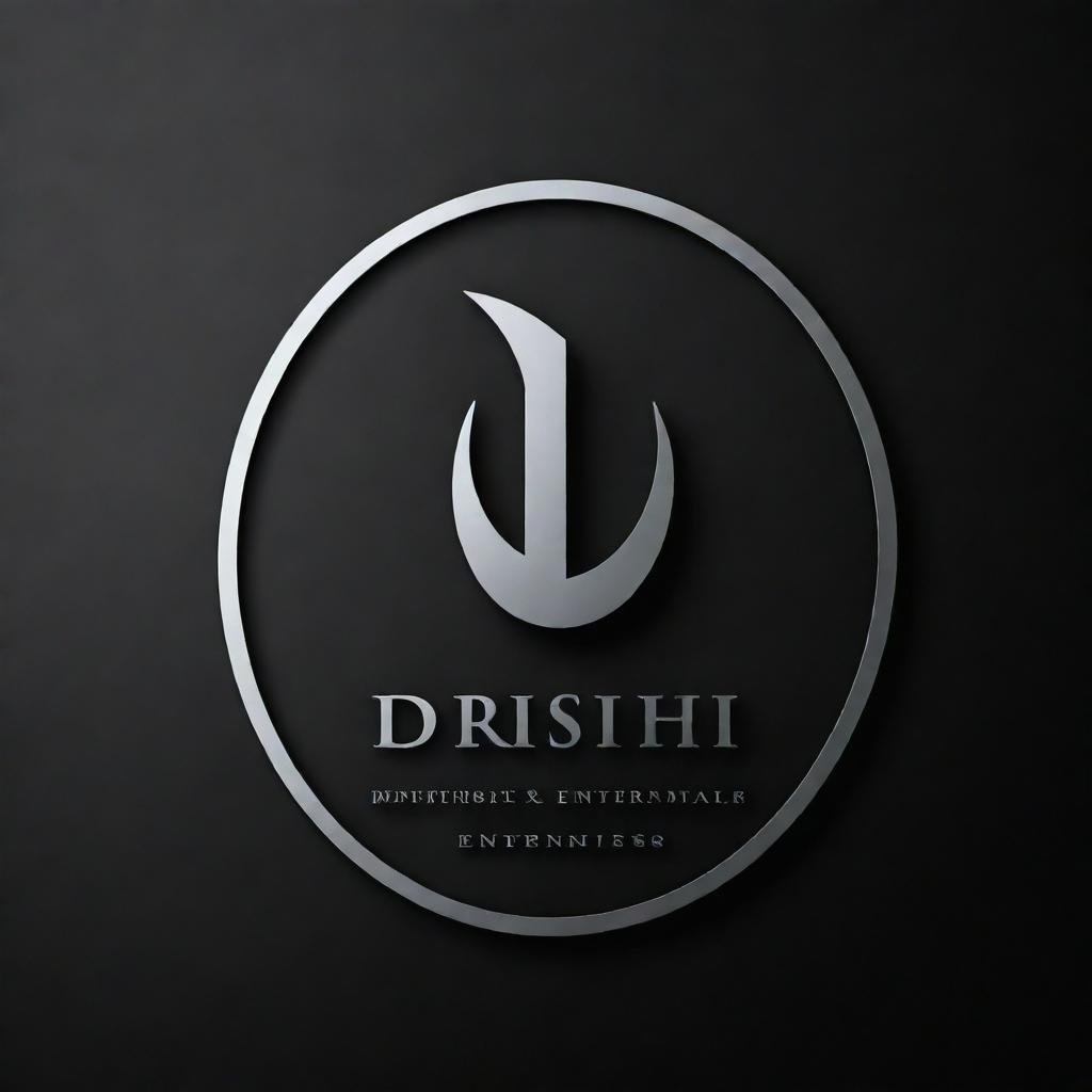 The signboard of Drishti Enterprises, a professional and upscale business logo design, in metallic silver letters against a dark, glossy background