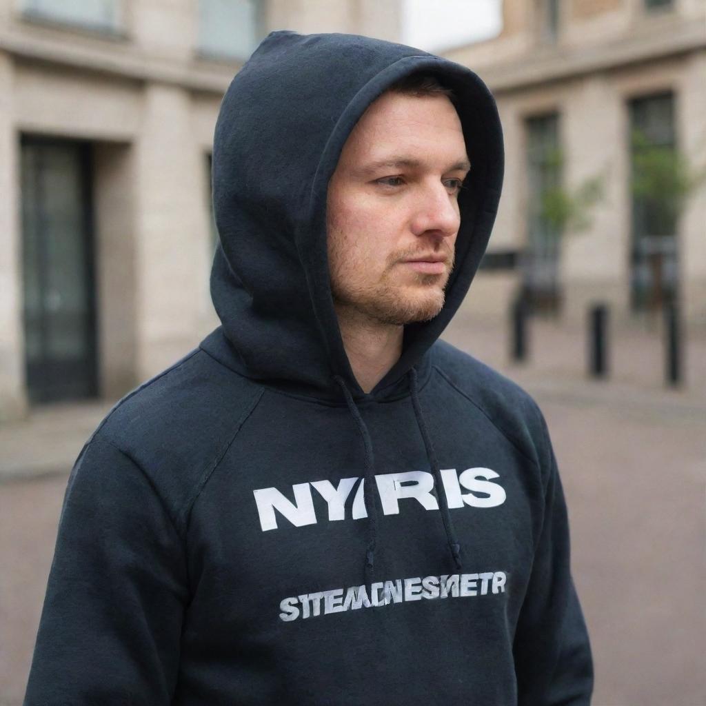 A man wearing a detailed hoodie with the name 'NYRUS' emblazoned across it