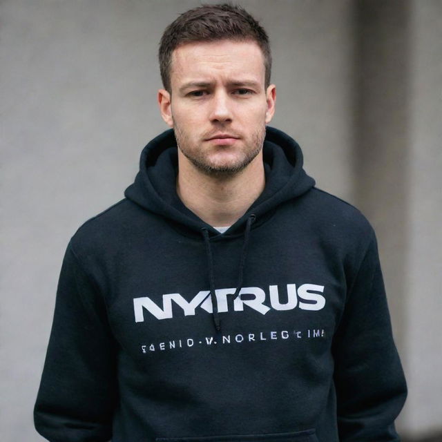 A man wearing a detailed hoodie with the name 'NYRUS' emblazoned across it