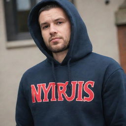 A man wearing a detailed hoodie with the name 'NYRUS' emblazoned across it