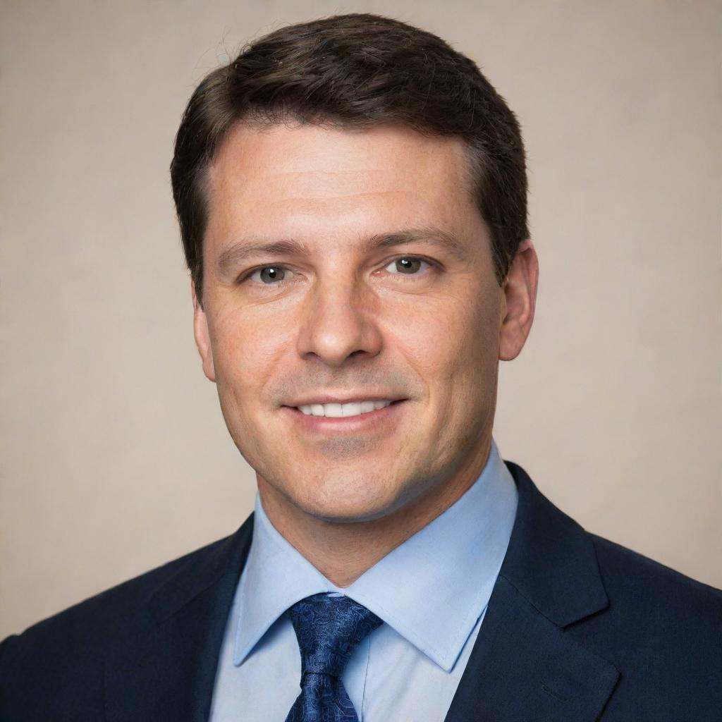 Professional headshot of a business individual, dressed in formal attire, with a neutral background.