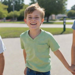 A young boy standing upright in casual attire, with a gleeful expression on his face, on a sunny day.